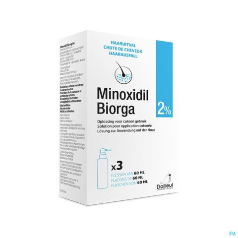 Minoxidil Biorga 2% Haaruitval Mannen / Vrouwen Fles 3x 60ml